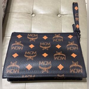 MCM Black with Cognac Logo Zip Wristlet